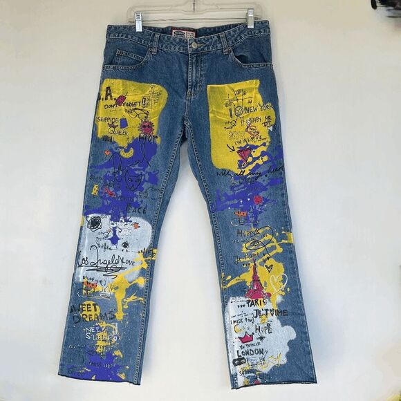 VTG Old Navy Pop Art Jeans Sz 12 – Y2K Graffiti Straight Leg Holiday 2001 - Picture 1 of 10